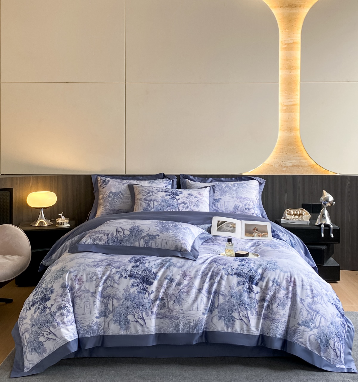 挪威森林-蓝 100新疆长绒棉数码印花绣花秋冬保暖时尚轻奢四件套