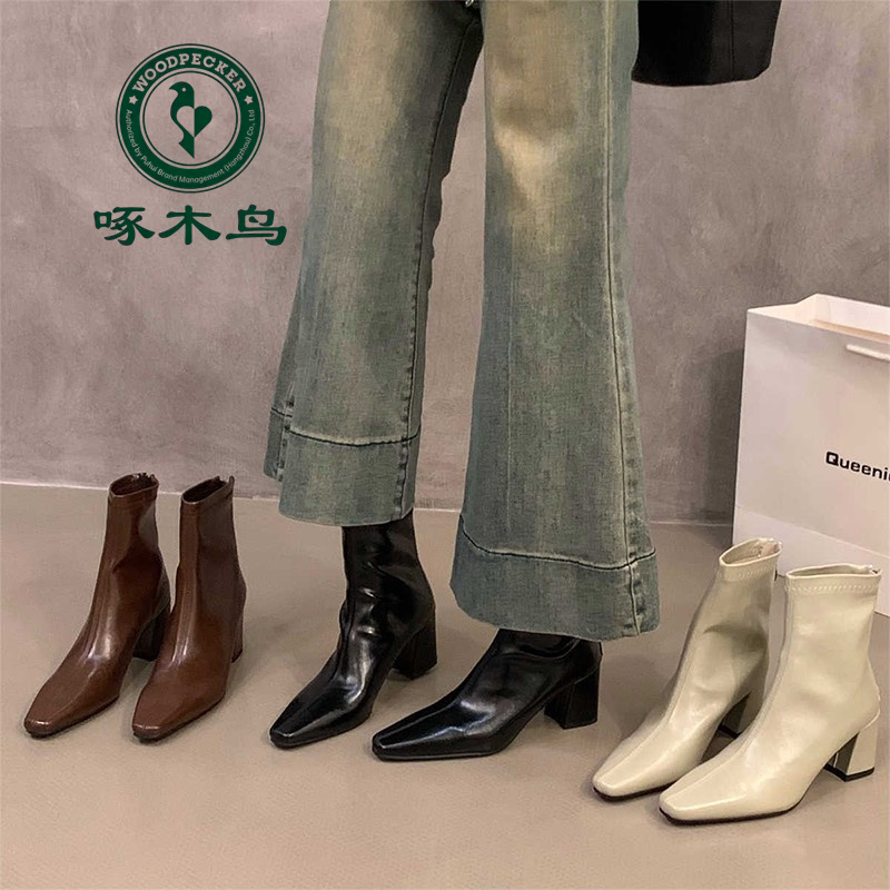 啄木鸟秋冬方头法式高跟女马丁靴粗跟靴弹力尖头瘦瘦靴秋季小踝靴