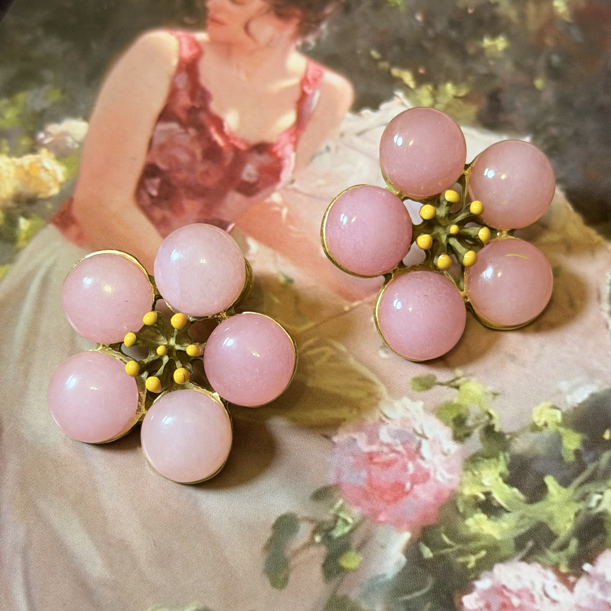 铜合金耳饰 「花粉之恋」复古轻奢花朵耳环法式中古vintage粉色耳钉