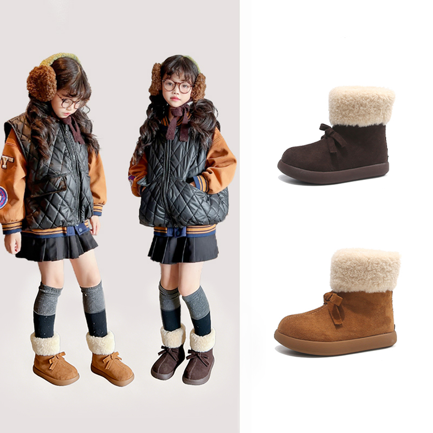 【肉脚天菜】高邦护踝锁温蝴蝶结MIU系风加绒好穿脱防滑雪地棉