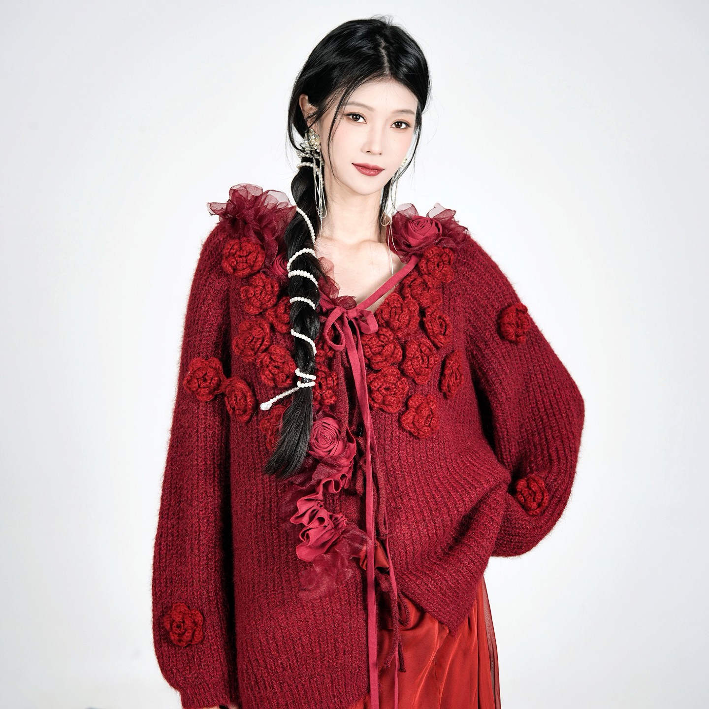 人间蜉蝣 绛韵玫瑰·立体花簇手工开衫羊毛针织衫女可外穿毛衣