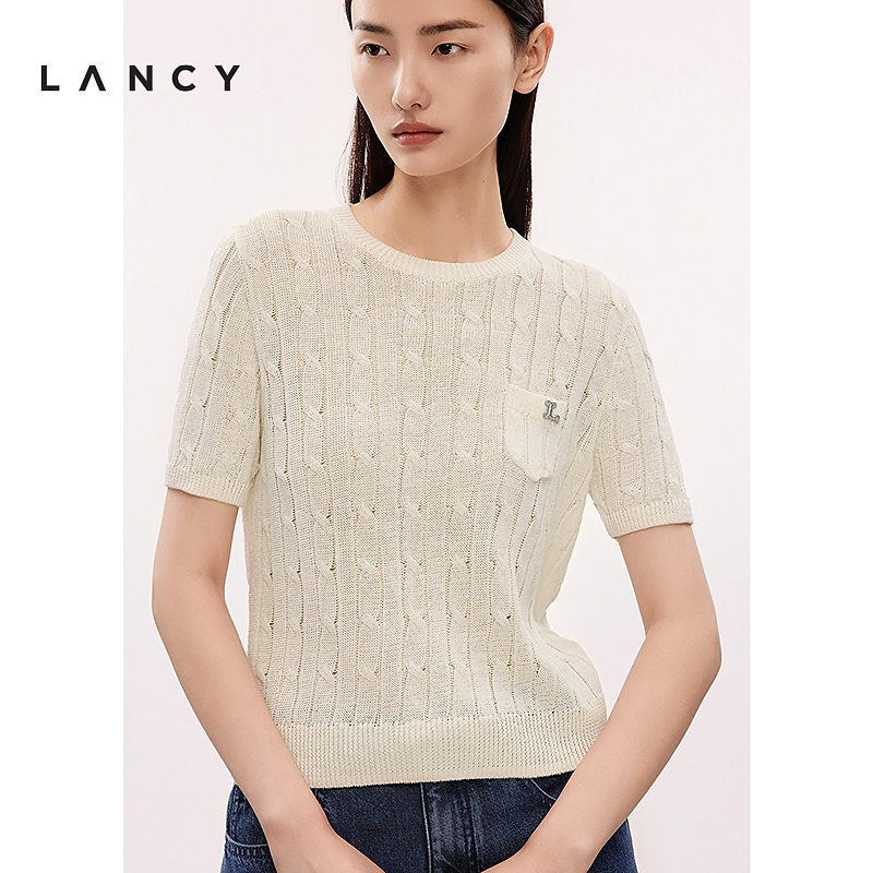 LANCY/朗姿2025夏新款气质绞花圆领短袖针织衫T恤女简约百搭上衣