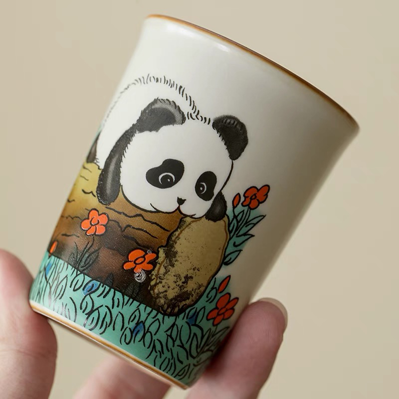 汝窑萌猫熊猫杯陶瓷可乐杯家用泡茶随手杯主人杯单杯个人杯