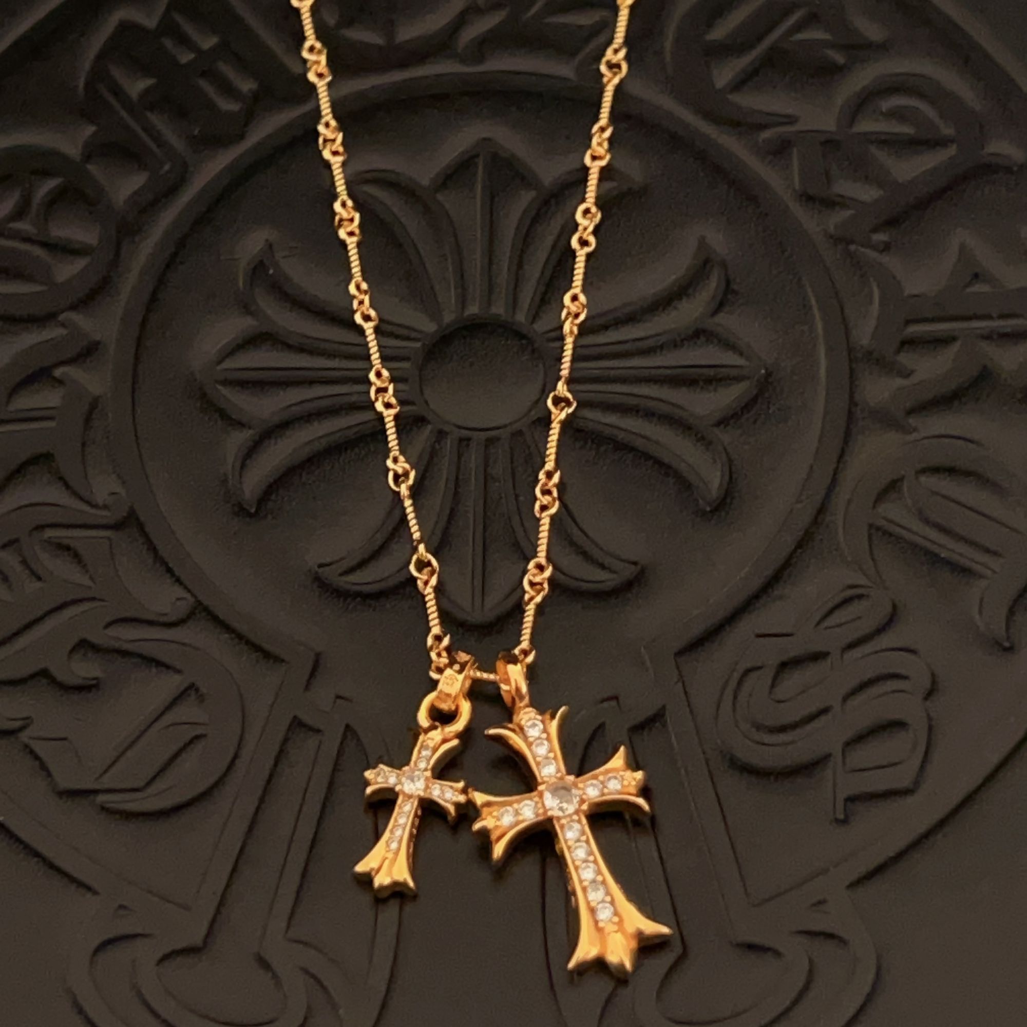 铜合金项链 【001】克罗双十字架项链男生项链金色白钻欧美高级感