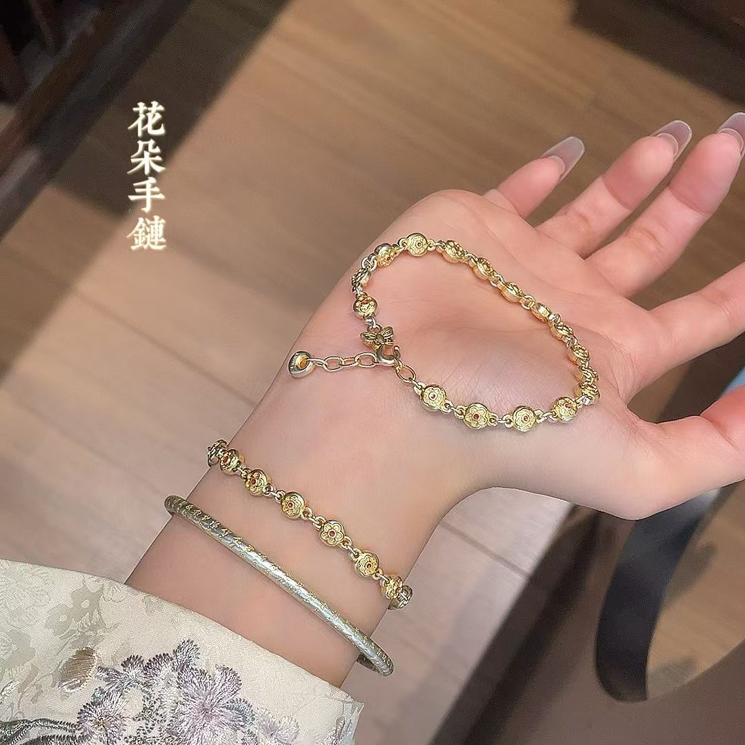 足银手链 古风银手链足银999.9新中式花朵描金银手链小众时尚甜美