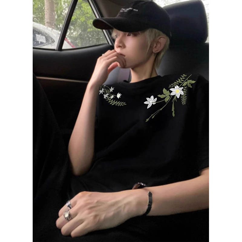 美式高街刺绣花卉短袖t恤男款夏季宽松潮牌ins纯棉重磅情侣装上衣