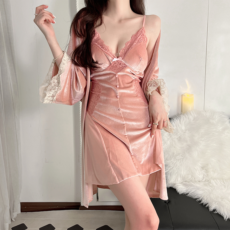 【粉色回忆】冰丝睡衣女夏季纯欲风蕾丝吊带睡裙新款带胸垫显性感