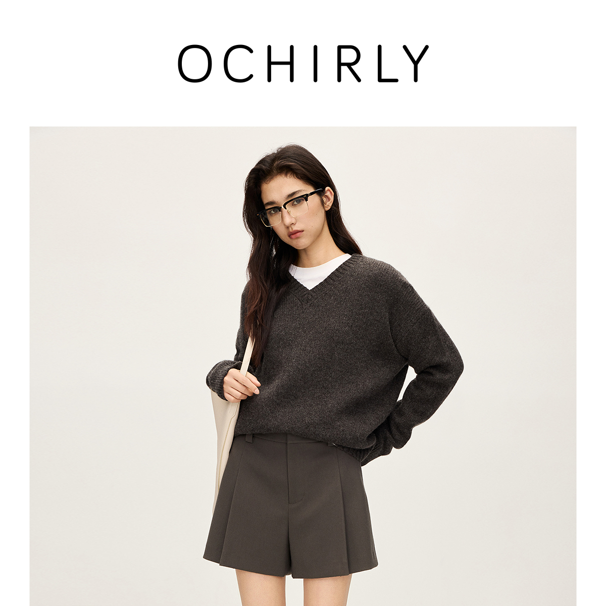 OCHIRLY欧时力牦牛绒羊毛套头百搭毛衣女上衣保暖V领气质秋冬新