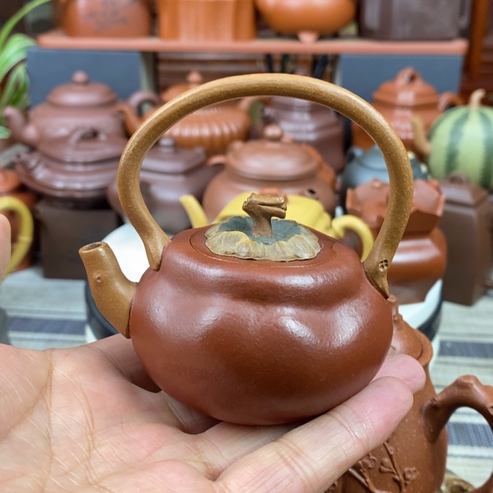 紫砂茶壶南瓜提梁100CC原矿降坡粉浆