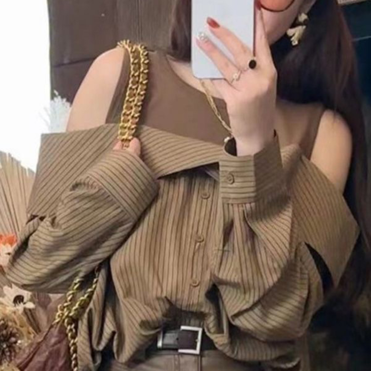 大码胖MM衬衫秋季新款条纹假两件露肩秋季宽松长袖设计感小众衬衫