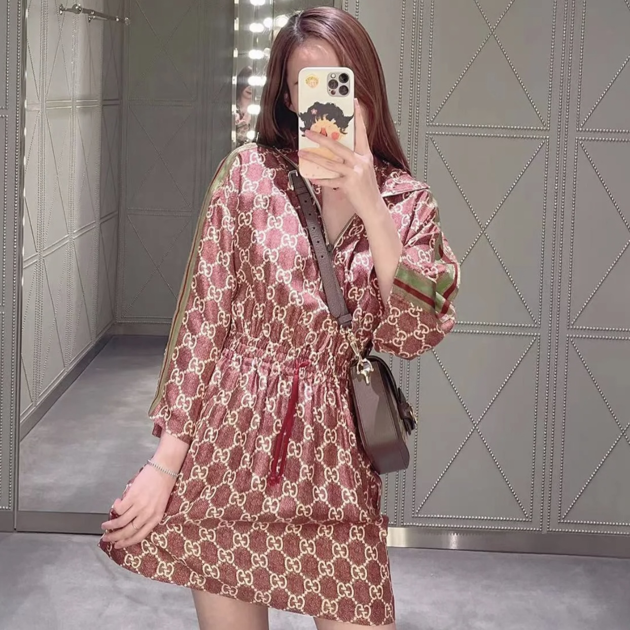 99新 GUCCI/古驰 wdf190/印花真丝长袖连衣裙 真丝 XS码