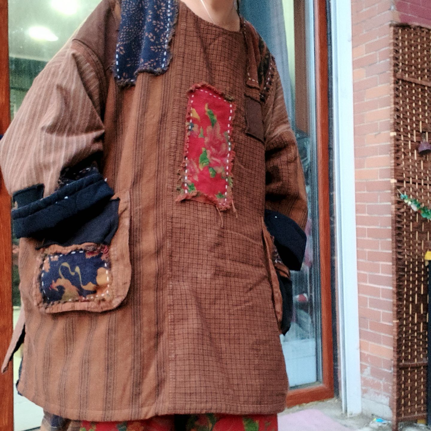 无吊牌做旧黄老布贴黑补丁圆领棉服，条纹色随机发介意勿拍