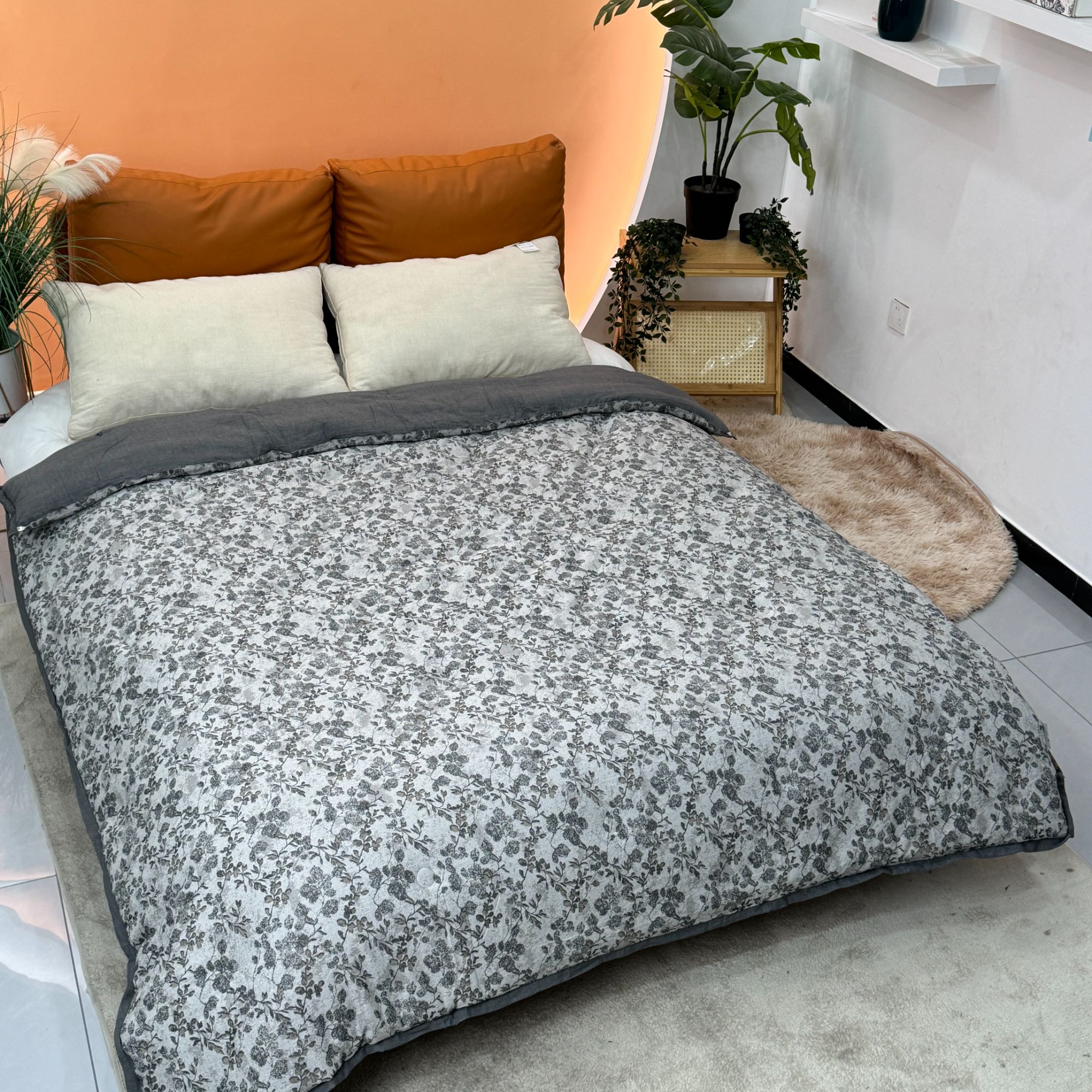 【秋意浓】纱布冬被纯棉冬季双层双面被子200*230灰色印花全棉秋冬