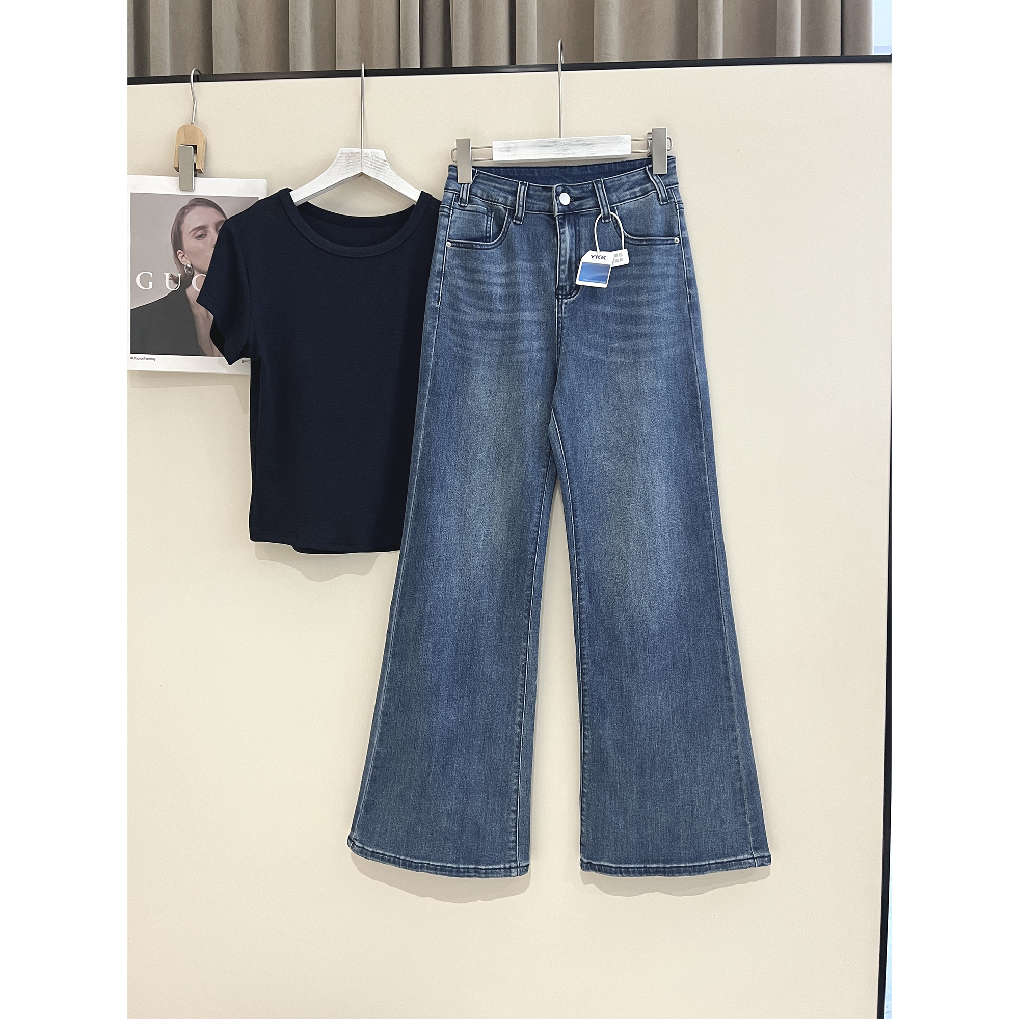 大弹力蓝色牛仔喇叭裤1801-1