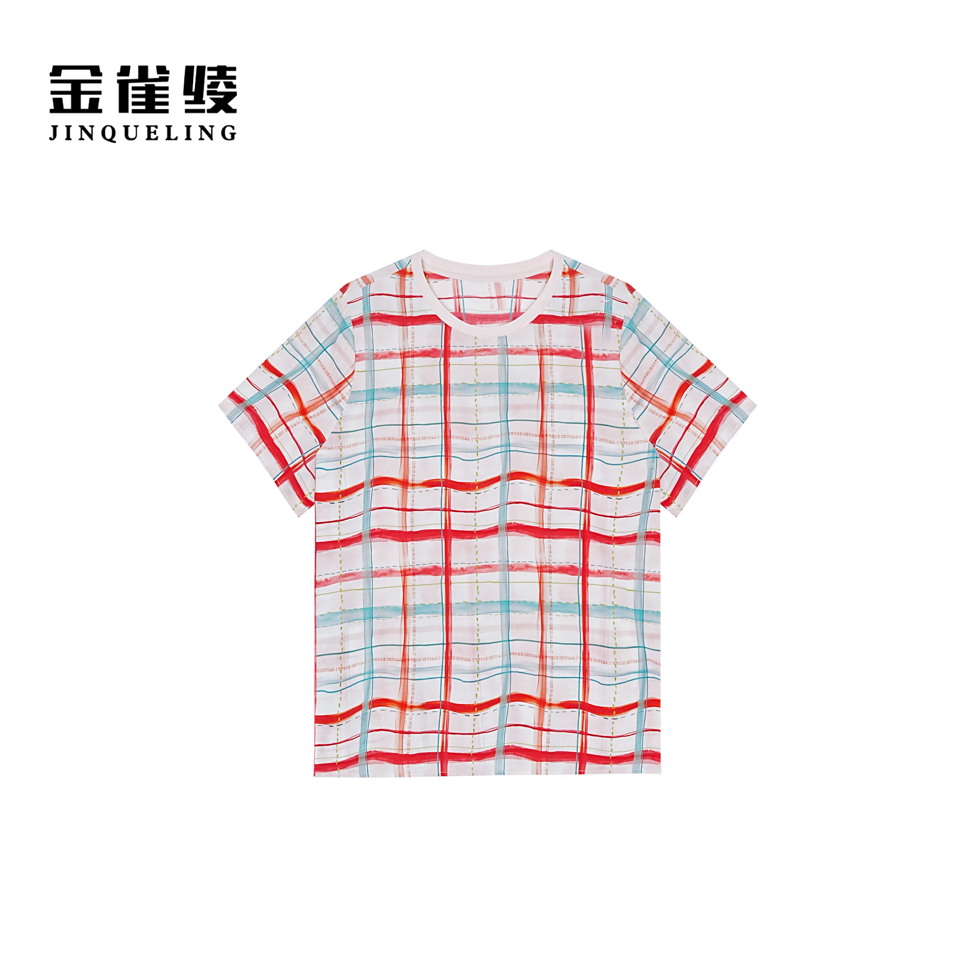 金雀绫【波浪格】桑蚕丝圆领格子印花加宽加大女装小衫SZA1S142