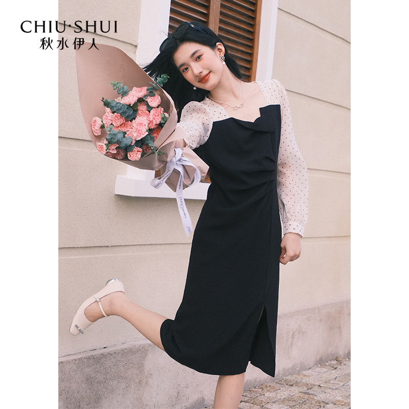 【品牌专属】秋水伊人假两件拼接长袖连衣裙2024春季新款女法式优