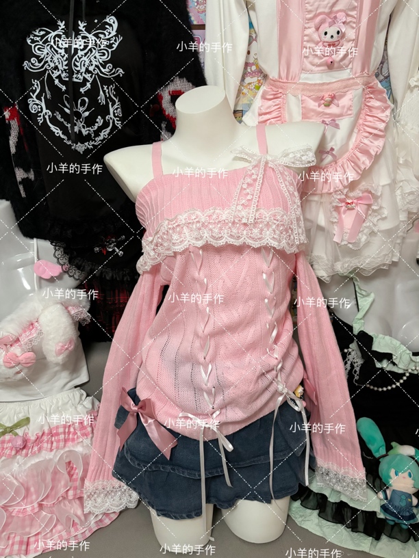 一字肩粉色纯欲毛衣粉色蕾丝公主上衣