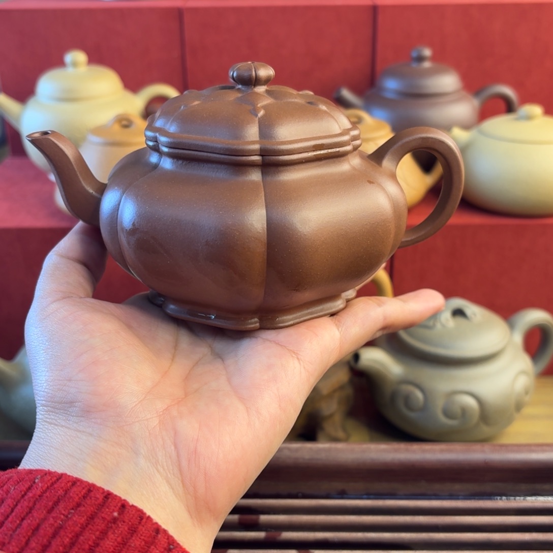 红泥茶壶微微瑕福利红棕泥半手菱花