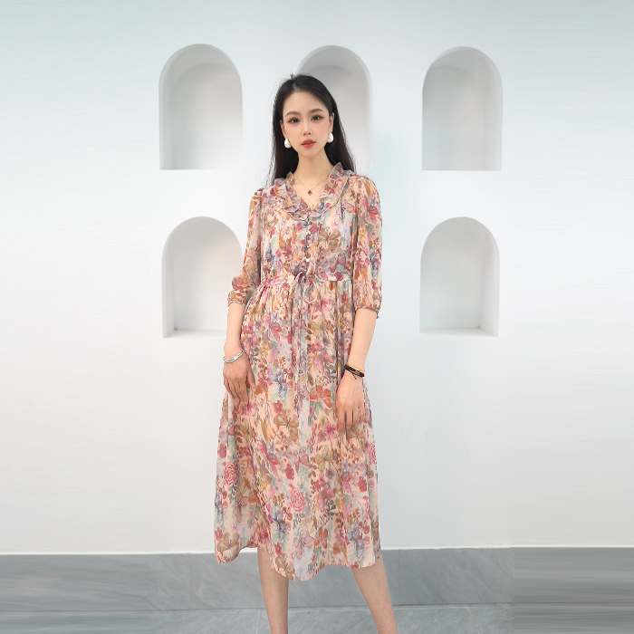 【欧克萨】C2390-春夏杭州丝绸桑蚕丝真丝时尚显瘦碎花连衣裙