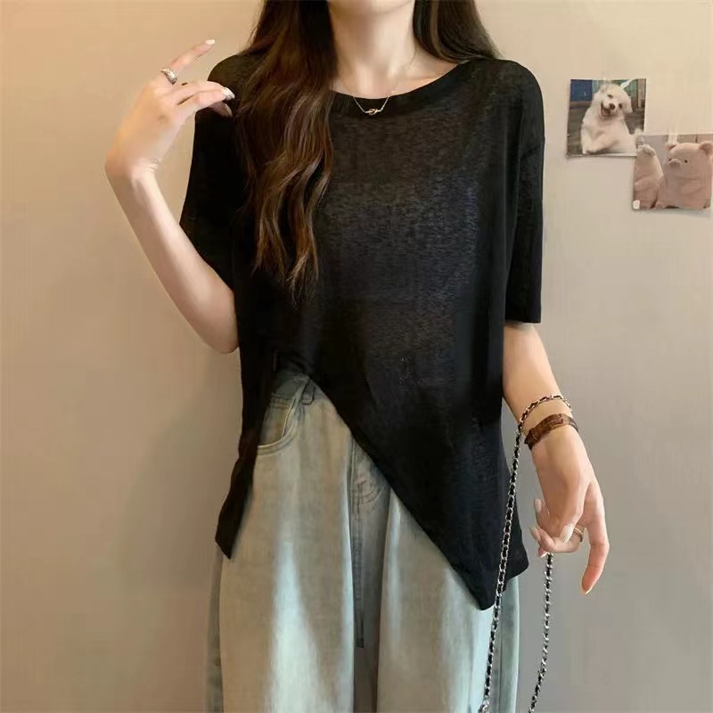夏季网纱薄款新款短袖宽松冰丝T恤防晒罩衫洋气显瘦时尚气质上衣
