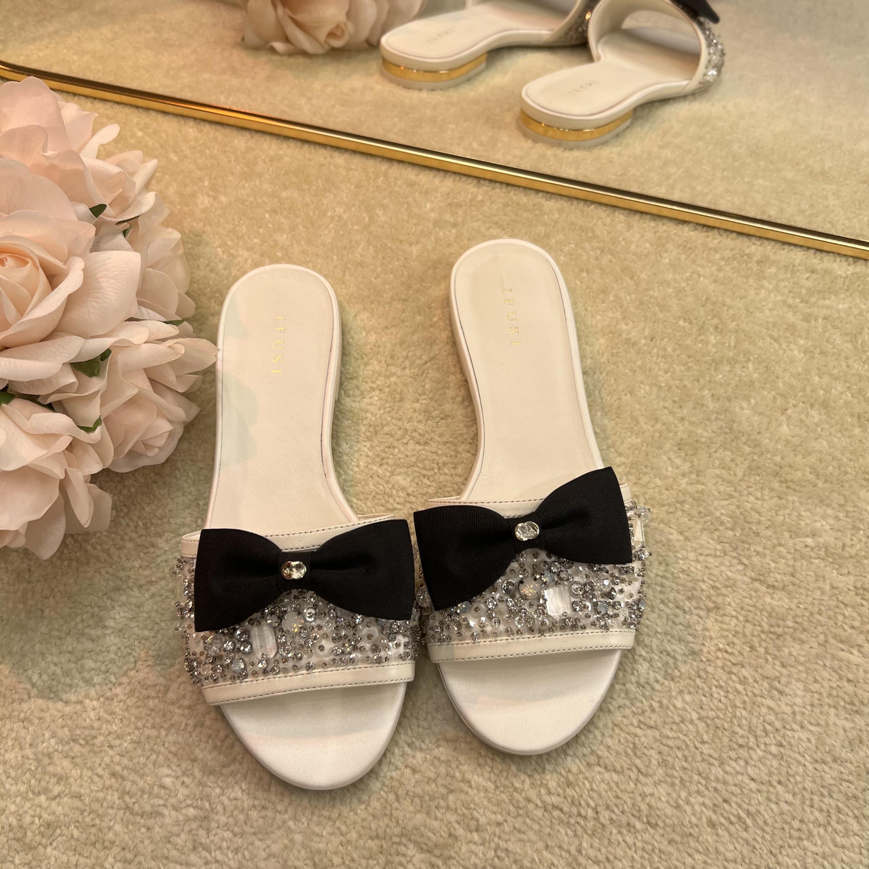 【断码特价】轻奢真皮蝴蝶结镶钻拖鞋 F6675-2