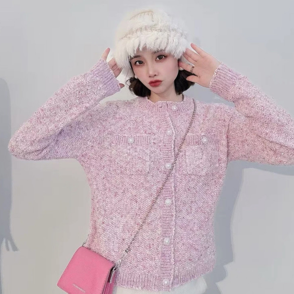 GIRDEAR/哥弟冬日女装高级时尚细闪珠片轻奢小香风针织开衫148068