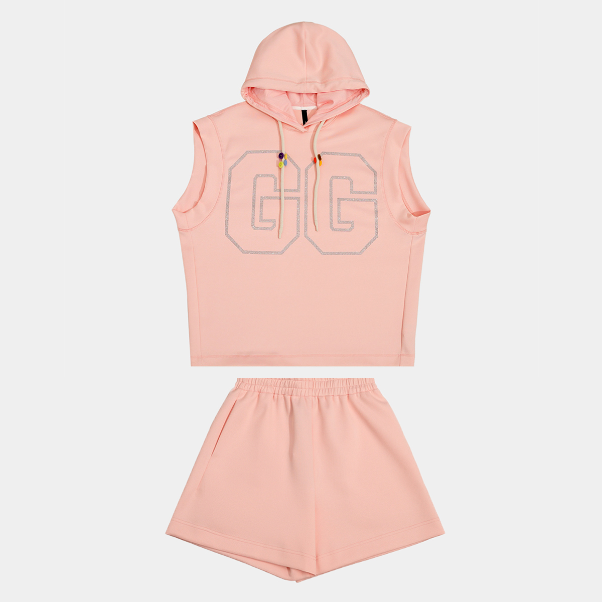 GGAHOLIDAY烫钻时尚休闲拼接设计新款无袖连帽马甲套装-152135/7