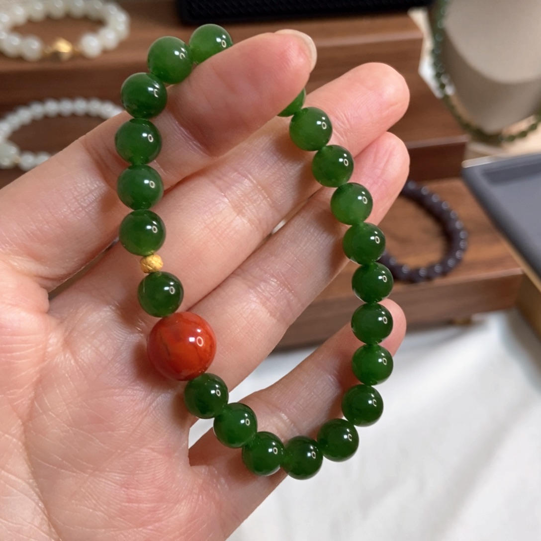 和田玉手链18K金镶嵌8mm碧玉精品