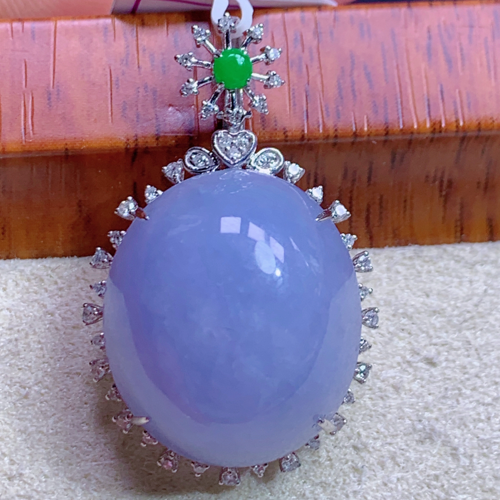 天然缅甸A货翡翠18k金浓紫罗兰蛋面吊坠j整29石18.2/16/7.8mm@368