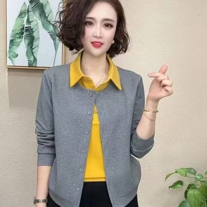 洋气时尚百搭常规翻领长袖T恤春秋装拼接秋季显瘦假两件纽扣上衣