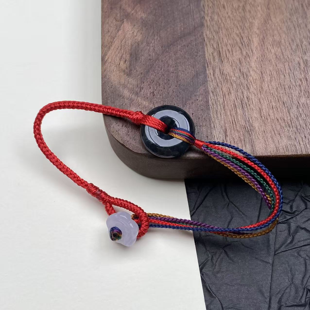 天然a货缅甸翡翠冰乌鸡平安扣重工五彩能量手工绳（多样性发一件）