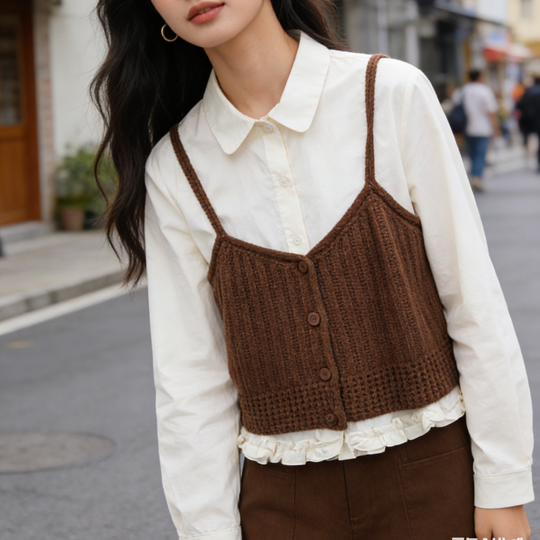 依美言2025秋季新款韩版女纯棉衬衫针织吊带背心文艺小众两件套装