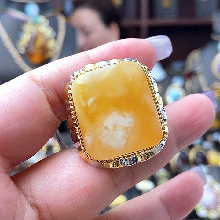 琥珀戒指银S925镶嵌戒指