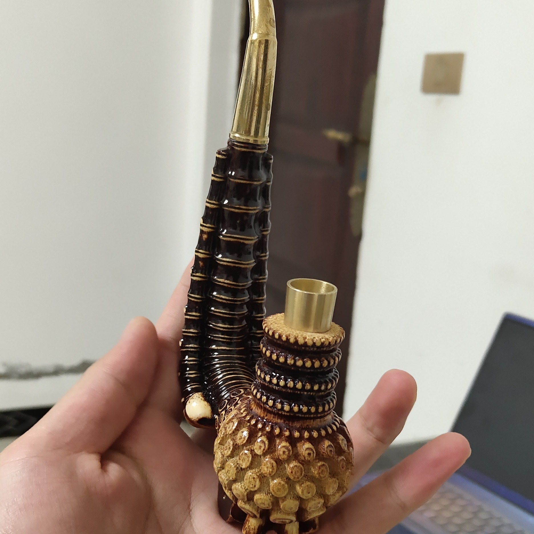 实心竹雕刻一弯两用火口烟杆到21公分左右三杆烟杆非常漂亮