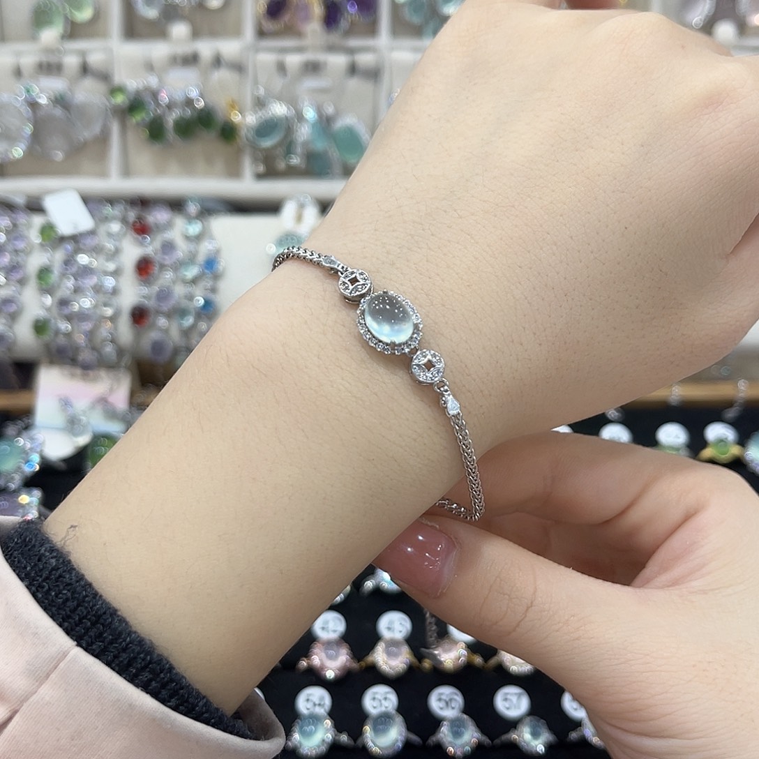 百***合蛇纹石玉银S925镶嵌手链