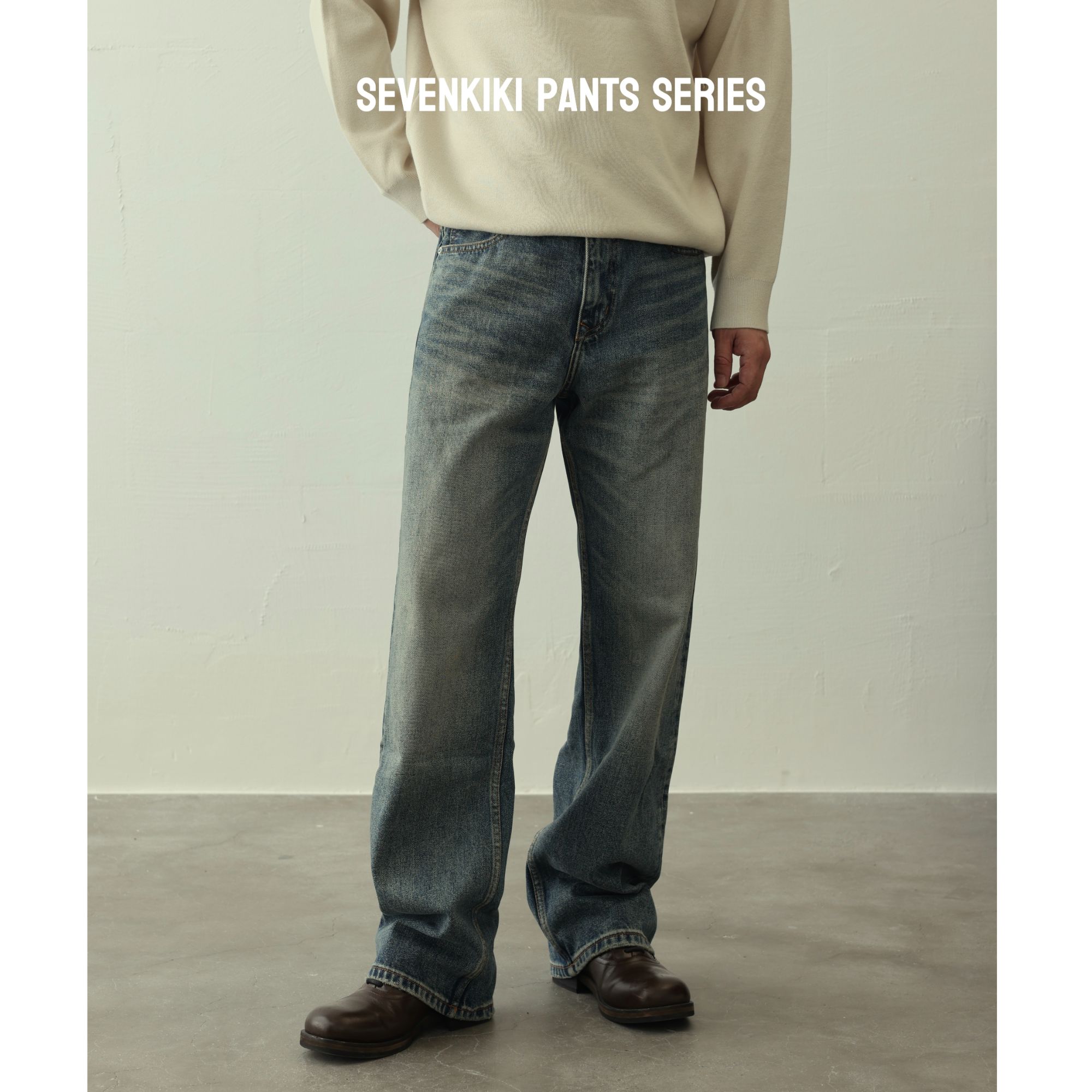 SEVENKIKI 马毛标系列【晴空】100棉复纹洗水蓝色直筒牛仔裤9877