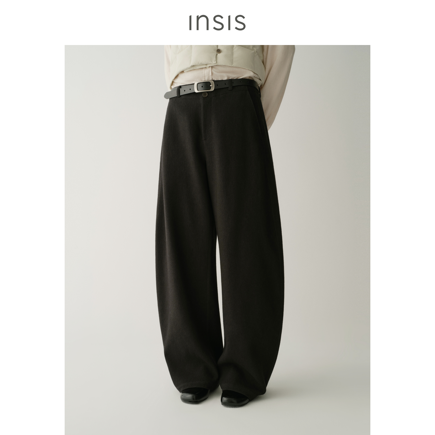 INSIS FEMME简约复古风2025冬季新款无褶裥连腰双扣弧形裤女