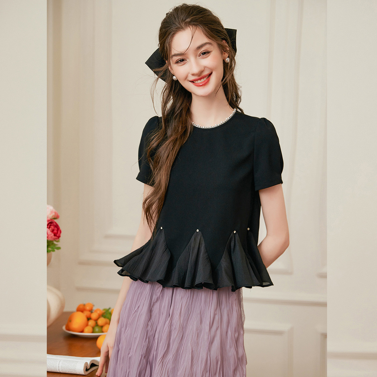 【程钱钱】&白鹿语拼接荷叶边甜美珠链短袖衬衫WYU20136