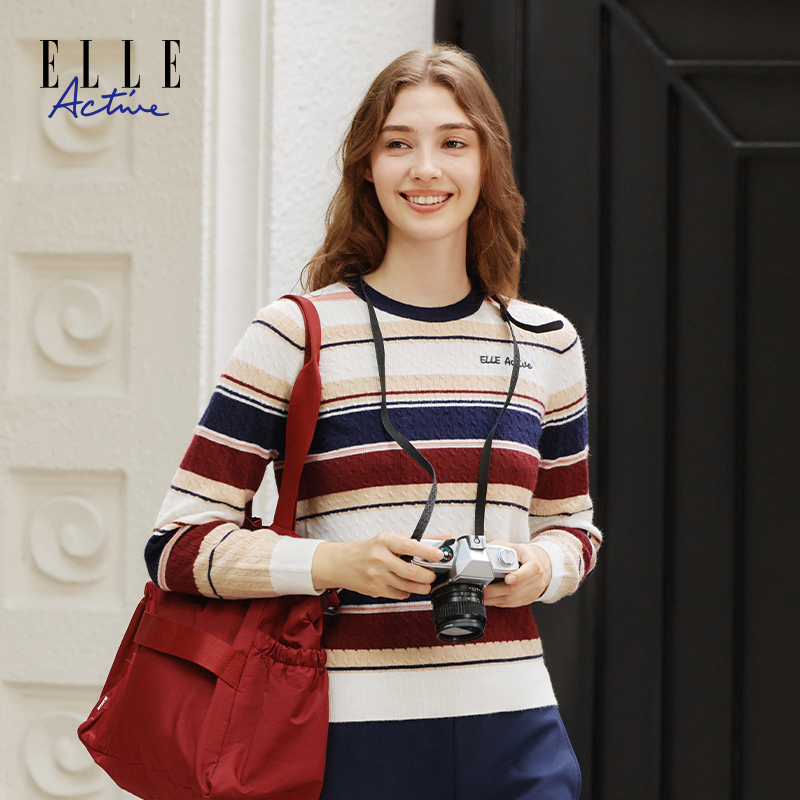 ELLE Active【含绵羊毛】复古彩条圆领毛衣女休闲条纹绞花保暖上衣