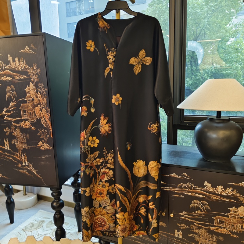 [静舒]香云纱新中式重锻复古显瘦春秋宽松女士国风腔调长款连衣裙