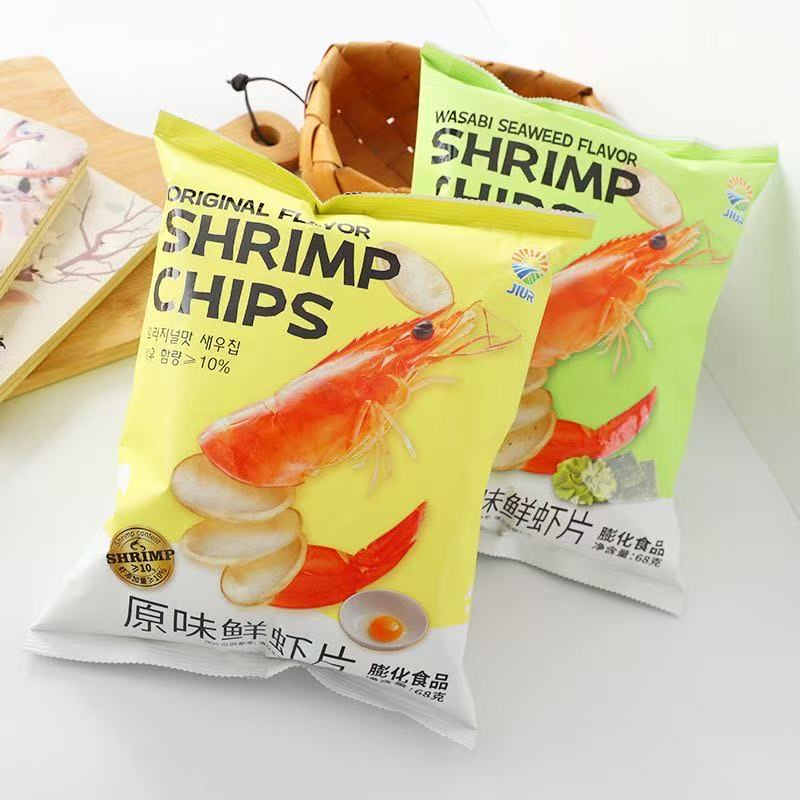 26年4月到期九日鲜虾片原味芥末海苔味网红膨化办公小吃68g*4包