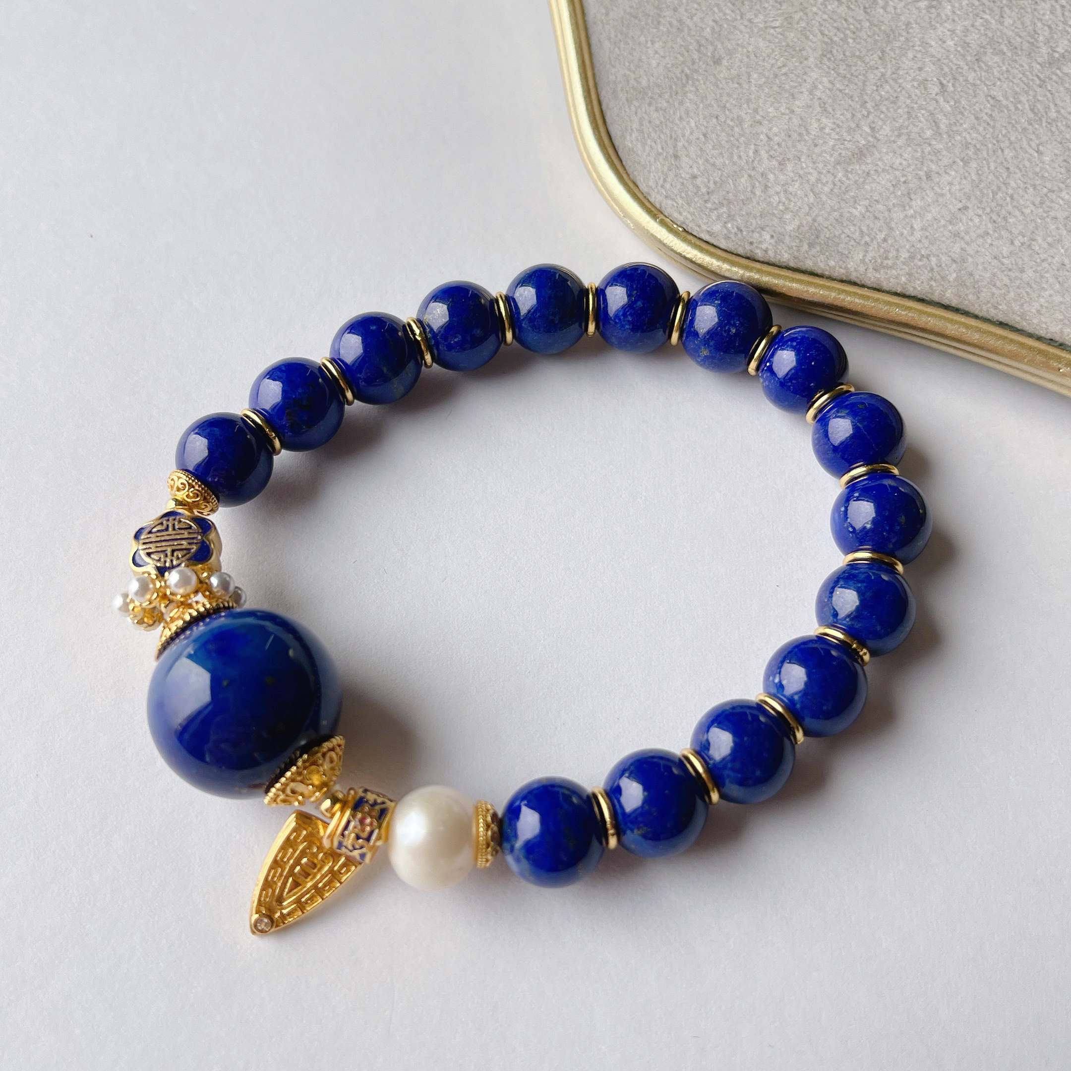 晶雁9-10mm天然青金石手链手工气质蓝色轻奢时尚百搭珠珠单圈