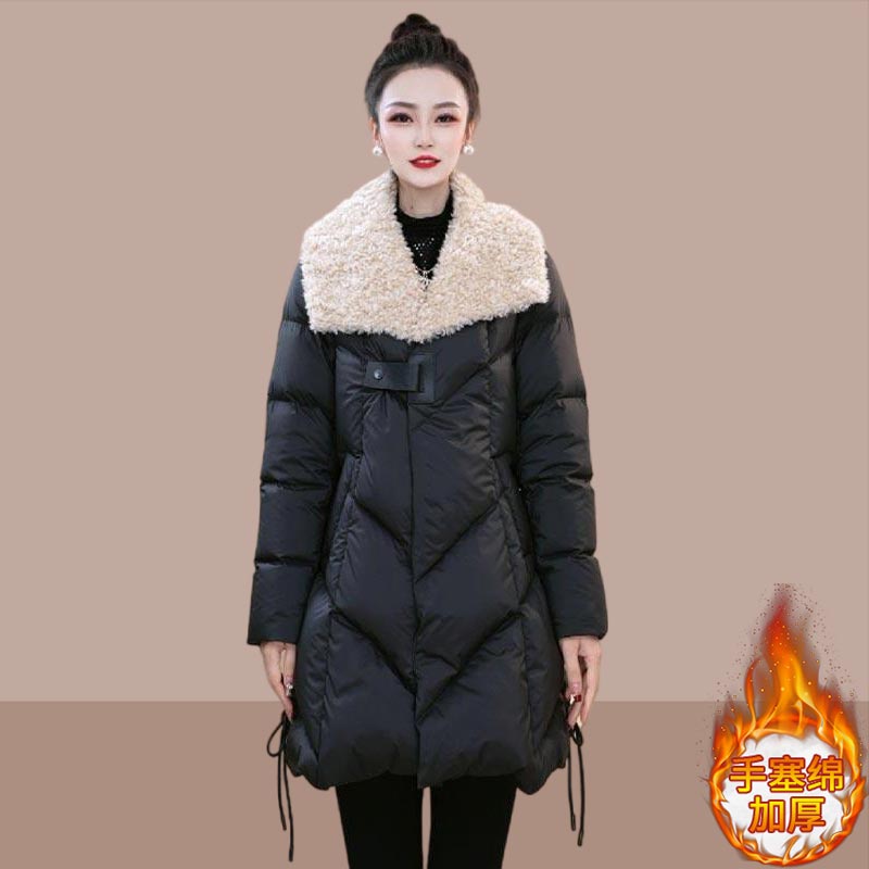 设计感百搭宽松减龄棉服女2025年冬季新款拼接翻领加厚中长款外套