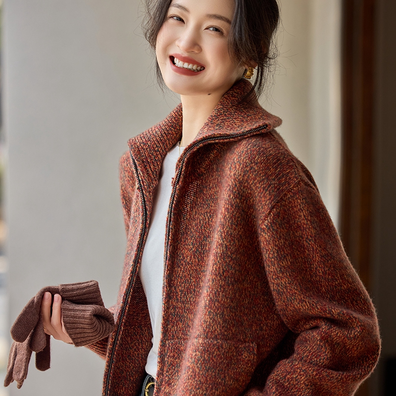 100纯山羊绒女士翻领加厚宽松短版羊绒衫拉链开衫外套L850JF586