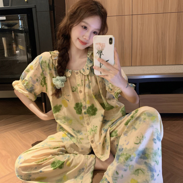 女士四季薄款纯棉印花开衫短袖长裤睡衣套装可外穿