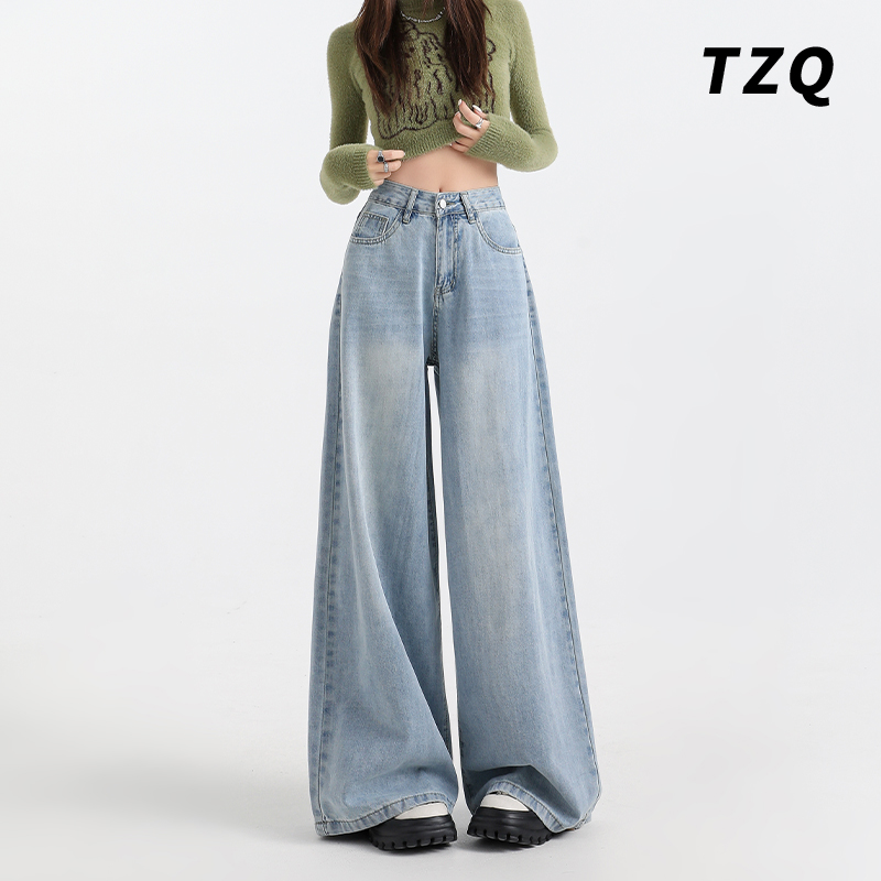 美式阔腿牛仔裤女夏季2025新款高腰垂感显瘦拖地长裤子TZQ121409