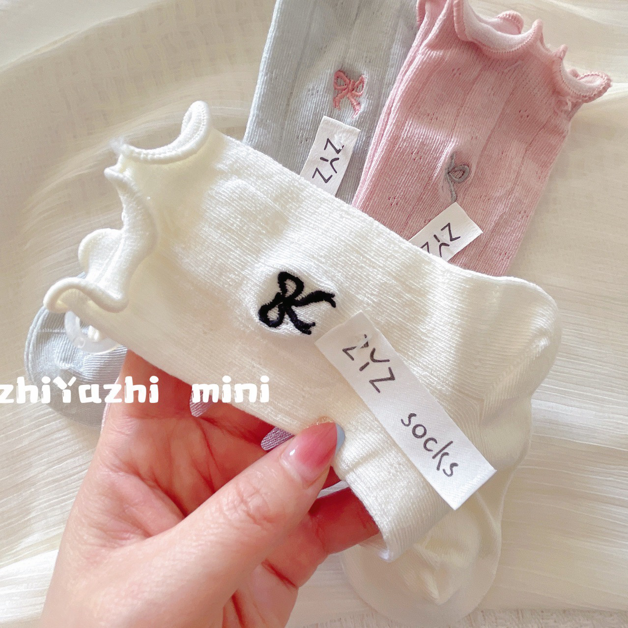 ZYZ儿童袜子3双春夏薄棉网眼韩系刺绣蝴蝶结卷边女童公主中筒袜 