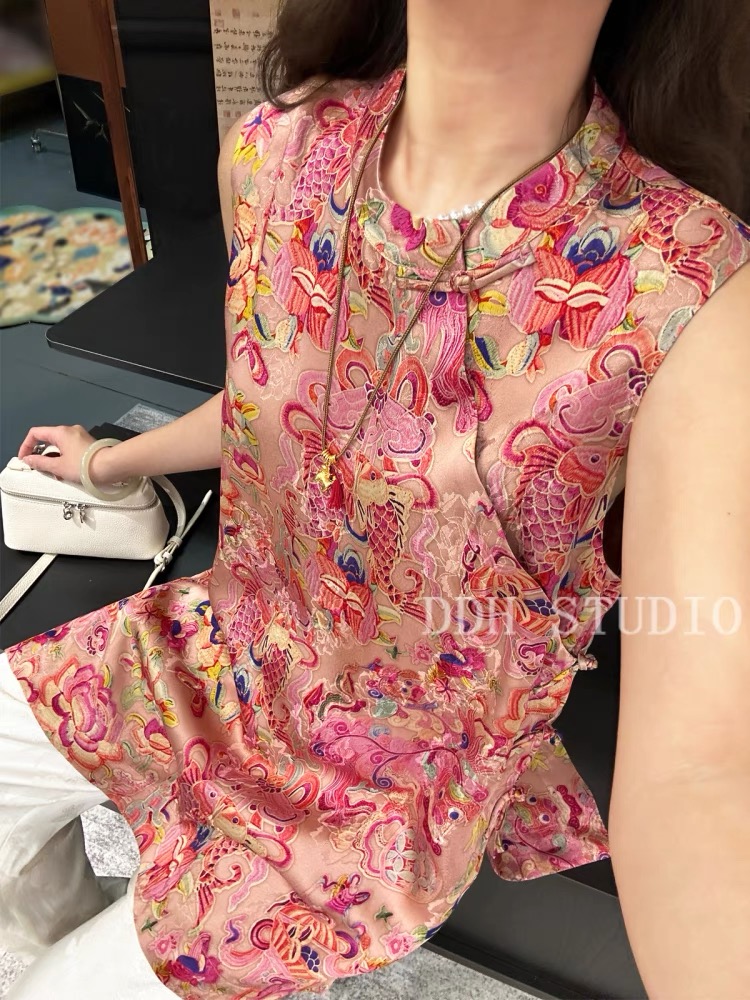 新中式复古提花盘扣旗袍无袖背心上衣2025B0548-乖乖