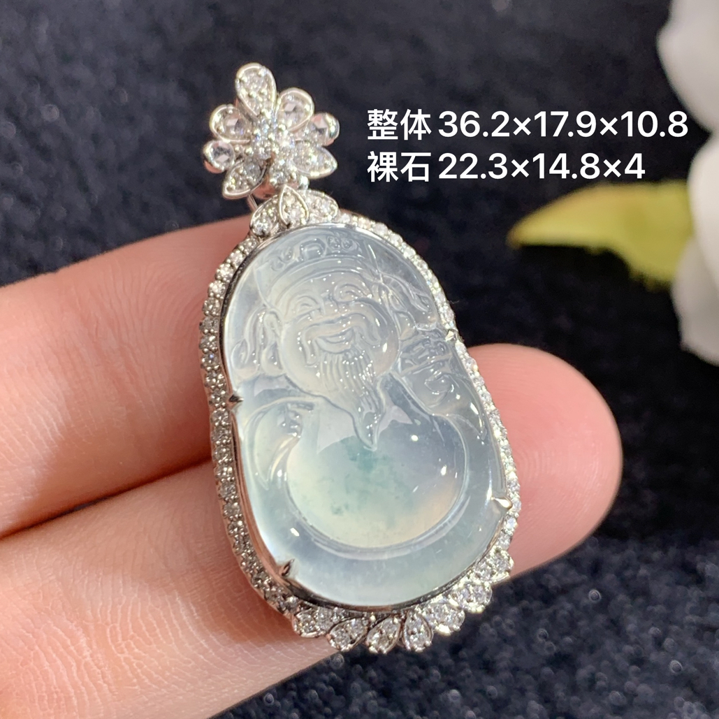 18K金镶嵌天然缅甸翡翠冰种财神吊坠36.2×17.9×10.8/22.3×14.8×4