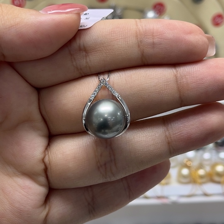 银S925镶嵌颈饰海水珍珠大溪地铂金灰12-13mm76号